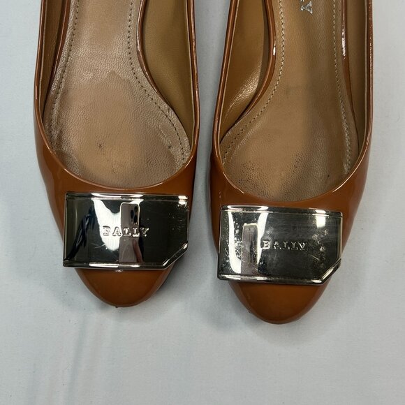 Bally Heline Patent Calf Leather Low Heels w/ metal Logo Plaque Brown 36 US 5.5 - Picture 8 of 16
